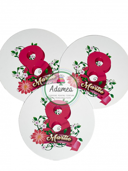 Topper de tort cu element special din carton sub forma de cerc cu 8 Martie roz, cu banner cu flori [2]