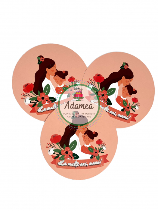 Topper de tort cu element special din carton sub forma de cerc cu cu mama si fiica, cu La multi ani, mami [2]