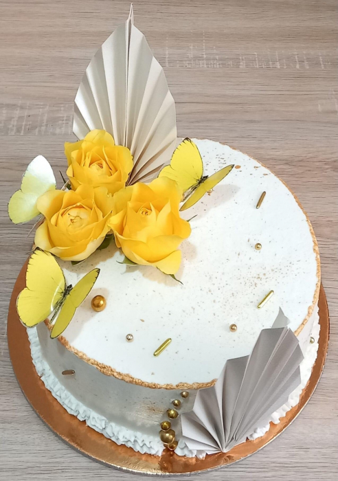 Ornament de tort cu frunza de palmier din carton crem auriu pal sitefat [7]