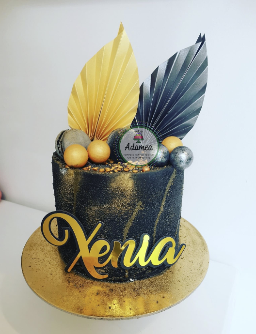 Decor de tort cu frunza de palmier din carton gri inchis perlat metalizat [2]