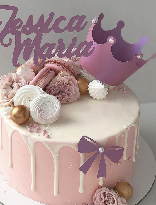 Topper tort cu ornament din carton cu fundita roz cu perluta [2]