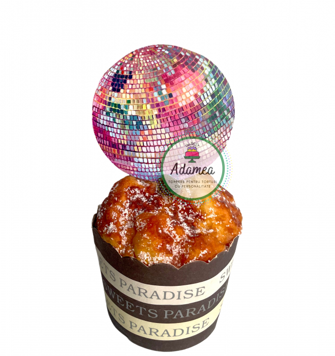 Topper de tort  personalizat cu element special din carton sub forma de glob Disco colorat [1]