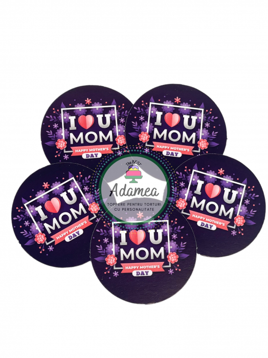 Topper de tort cu element special din carton sub forma de cerc cu Mini stegulet mov cu I LOVE YOU, MOM [2]