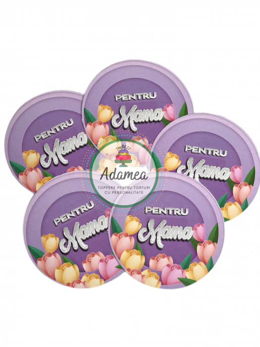 Topper de tort cu element special din carton sub forma de Mini stegulet mov cu lalele pentru mama [2]