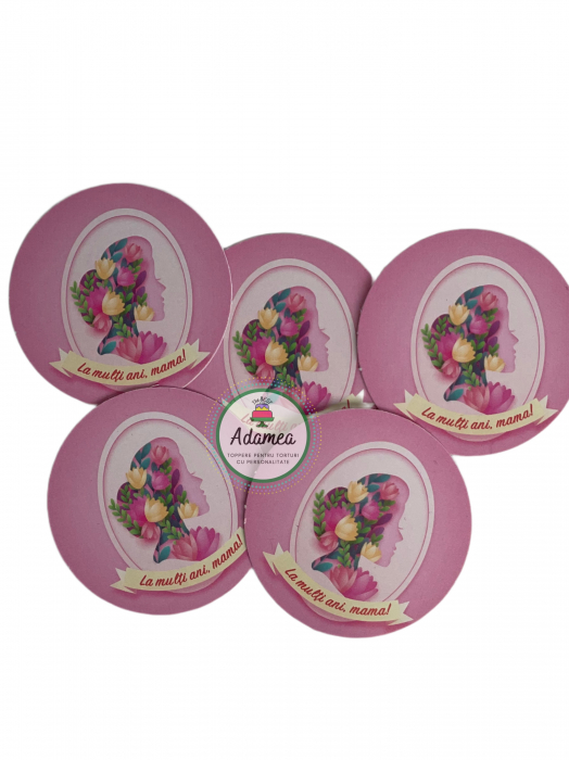 Topper de tort cu element special din carton sub forma de cerc cu la multi ani mama si chip de femeie cu flori [2]