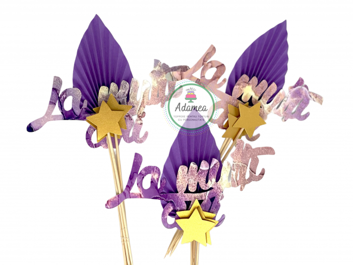 Set topper tort „La mulți ani” marmorat violet cu stele aurii și evantai mov [2]