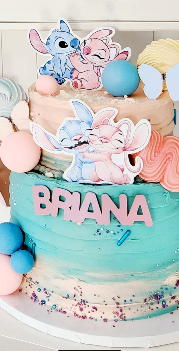 Topper de tort  personalizat cu element special din carton sub forma de  2 ipostaze cu Stitch si angel creionate [3]