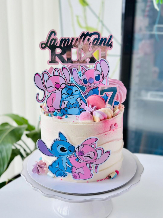 Topper de tort  personalizat cu element special din carton sub forma de  2 toppere cu Stitch si Angel [3]