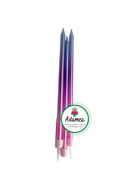 Topper de tort  personalizat cu element special din ceara sub forma de 3 lumanari drepte in degrade roz mov bleu [2]