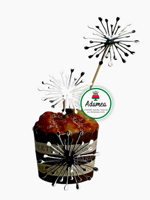 Topper de tort  personalizat cu element special din carton sub forma de 3 artificii argintii oglinda [2]