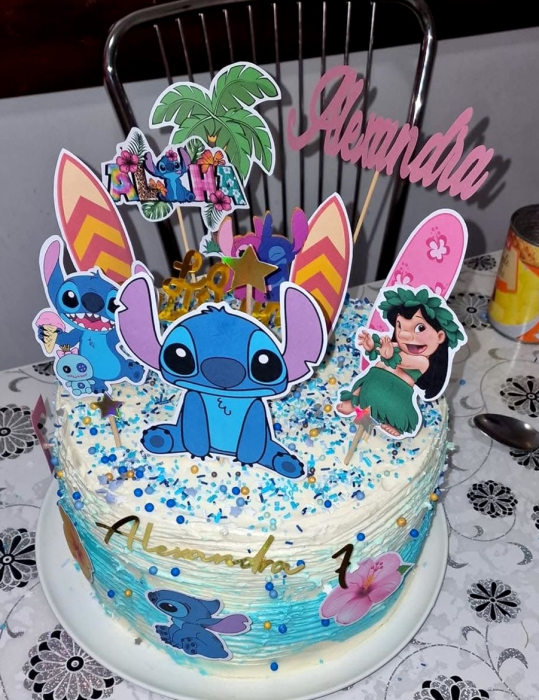 Topper de tort  personalizat cu element special din carton sub forma de  3 floricele roz exotice potrivite pentru torturile cu tematica Stitch sau Hawaiene [3]