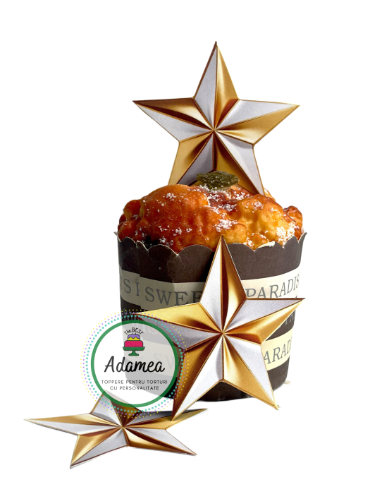 Topper de tort cu element special din carton sub forma de 3 stele cu efect 3D alb cu galben tip auriu [2]