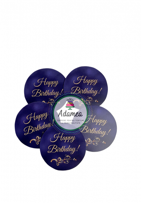 Topper de tort  personalizat cu element special din carton sub forma de  disc albastru cu Happy birthday tip auriu [2]