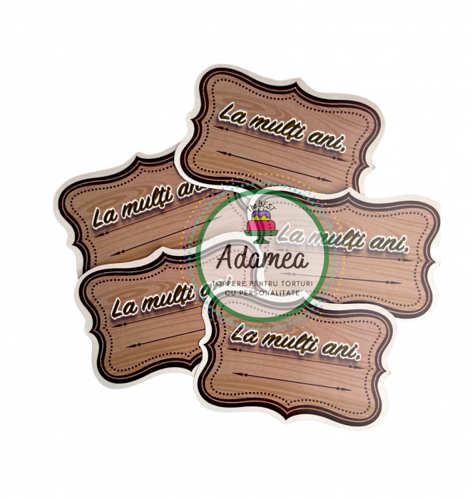 Topper de tort  personalizat cu element special din carton sub forma de placuta tip lemn cu La multi ani care se poate personaliza cu numele sarbatoritului [2]