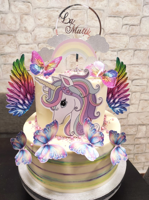 Topper de tort cu element special din carton sub forma de fluturi diafani in culori pastelate [2]