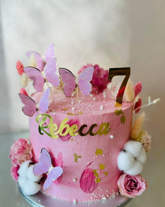topper de tort cu element special din carton sub forma de fluturi roz cu auriu [11]