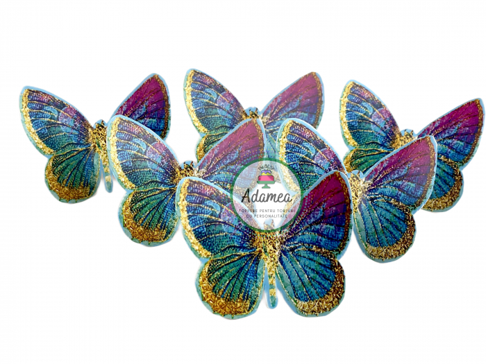 Topper de tort cu element special din carton sub forma de fluturi tip glitter multicolorat predominannt albastru [2]