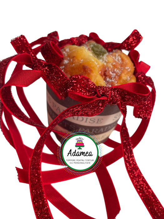 Set toppere de tort personalizat festiv cu 6 fundite din catifea rosie metalizata [2]