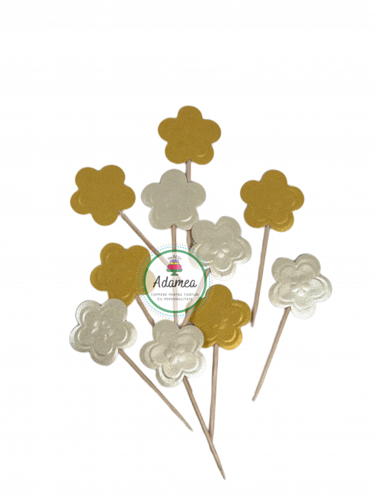 Topper de tort cu element special din carton sub forma de flori cu efect 3D auriu si crem sidef [2]