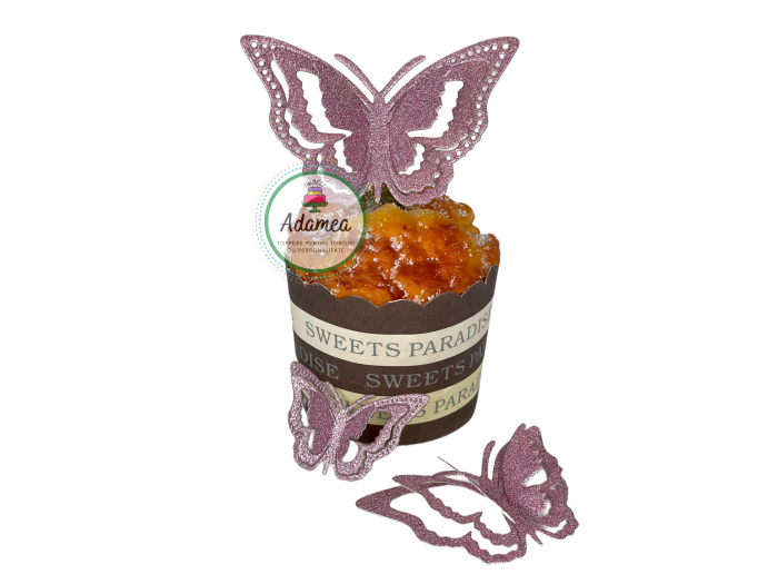 Topper de tort cu element special din carton sub forma de fluture 3D roz prafuit glitter [1]