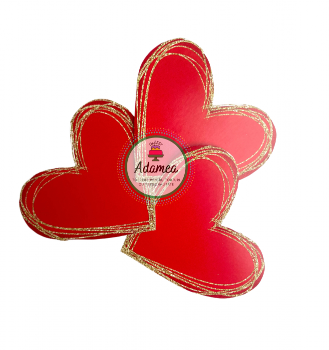 Topper de tort  personalizat cu element special din carton sub forma de inimi rosi cu auriu glitter [2]