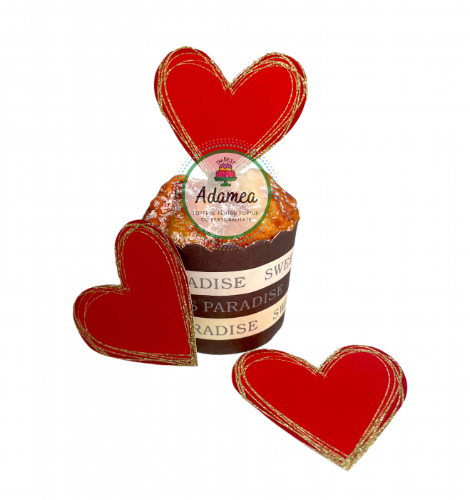 Topper de tort  personalizat cu element special din carton sub forma de inimi rosi cu auriu glitter [1]