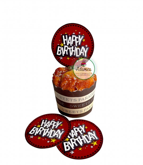 Topper de tort  personalizat cu element special din carton sub forma de 3 cercuri pe fundal rosu cu Happy Birthday [1]