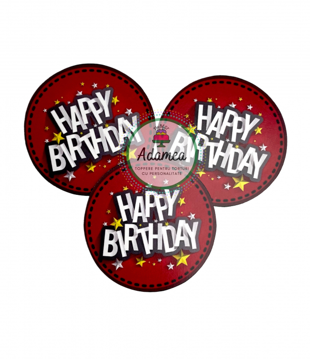 Topper de tort  personalizat cu element special din carton sub forma de 3 cercuri pe fundal rosu cu Happy Birthday [2]