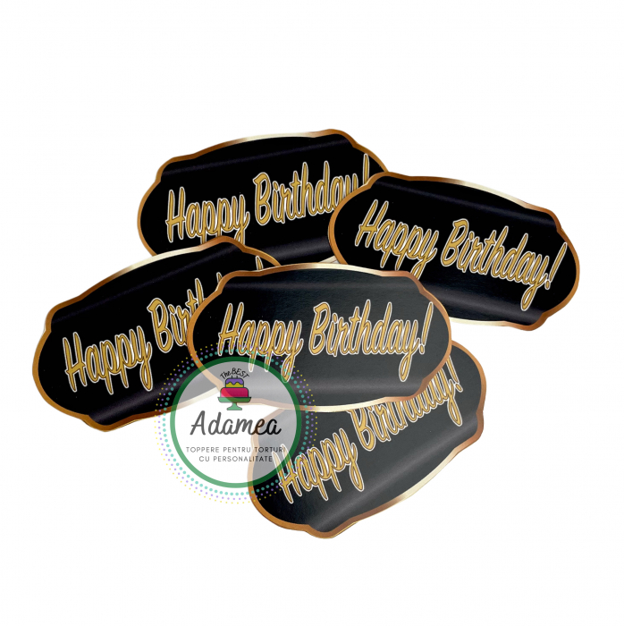 Topper de tort  personalizat cu element special din carton sub forma de 5 placute negre cu Happy Birthday galben tip auriu [1]