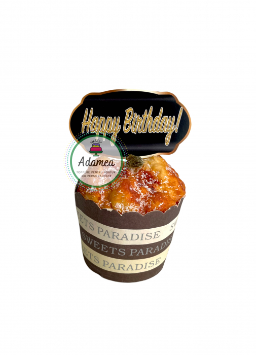 Topper de tort  personalizat cu element special din carton sub forma de 5 placute negre cu Happy Birthday galben tip auriu [2]