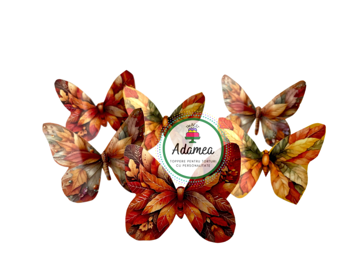Topper de tort  personalizat cu element special din carton  cu 6 fluturasi cu print de frunze de toamna ruginii [1]
