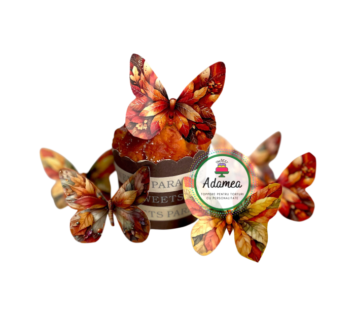 Topper de tort  personalizat cu element special din carton  cu 6 fluturasi cu print de frunze de toamna ruginii [2]