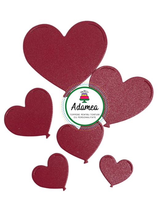 Topper de tort  personalizat cu element special din carton sub forma de 6 inimioare rosu sidef  tip baloane [2]