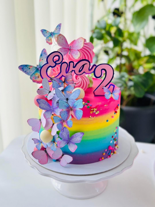 Topper de tort  personalizat cu element special din carton sub forma de  9 fluturi de marimi diferite roz cu mov [2]