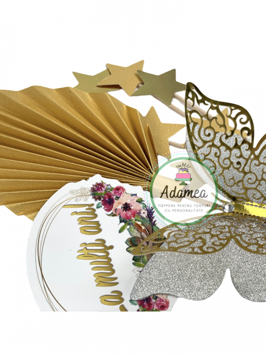 Set de toppere cu stegulet cu La multi ani, stele, evantai auriu si fluture CADOU [2]
