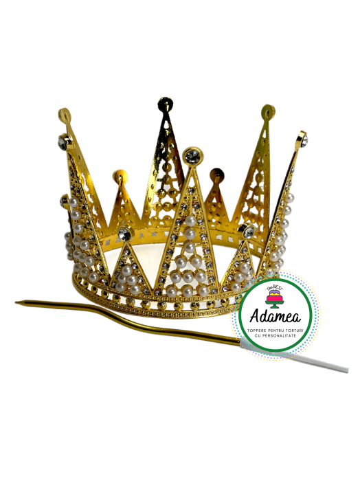 Topper de tort  personalizat cu element special din metal coronita regala aurie cu cristale si lumanare [1]