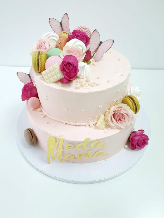Ornament  tort cu 5 toppere fluturi roz pastel prăfuit [3]