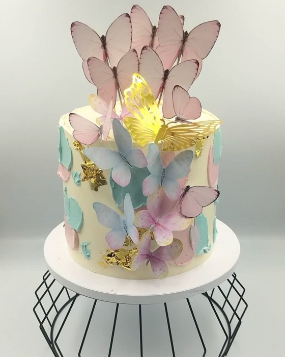 Ornament  tort cu 5 toppere fluturi roz pastel prăfuit [2]