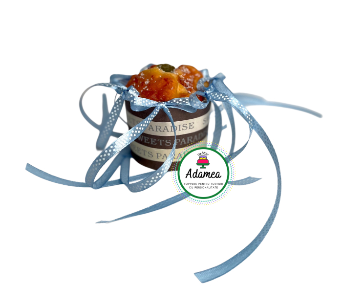 Topper de tort personalizat cu fundite din satin albastru bleu deschis cu buline albe [1]