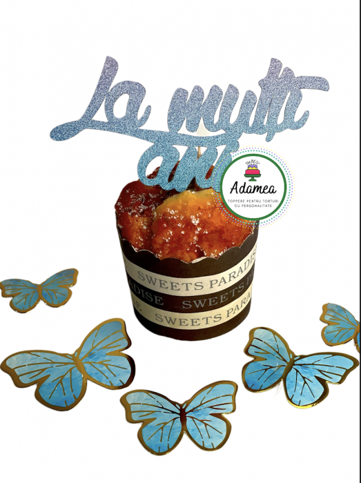 topper de tort  personalizat cu element special din carton sub forma de  fluturi bleu albastru cu auriu si la multi ani in degrade cu albastru si mov [2]