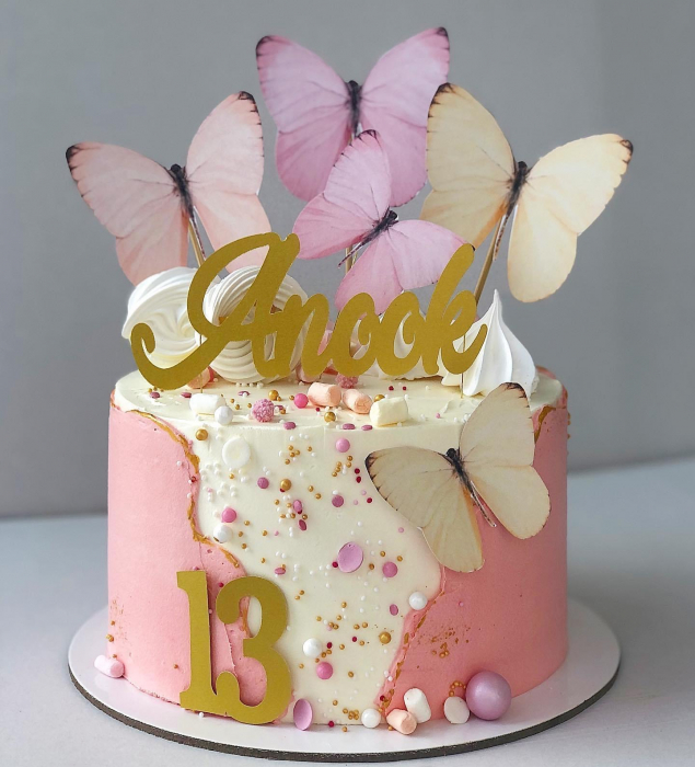 Ornament tort cu 5 toppere fluturi pastelati roz si crem [3]