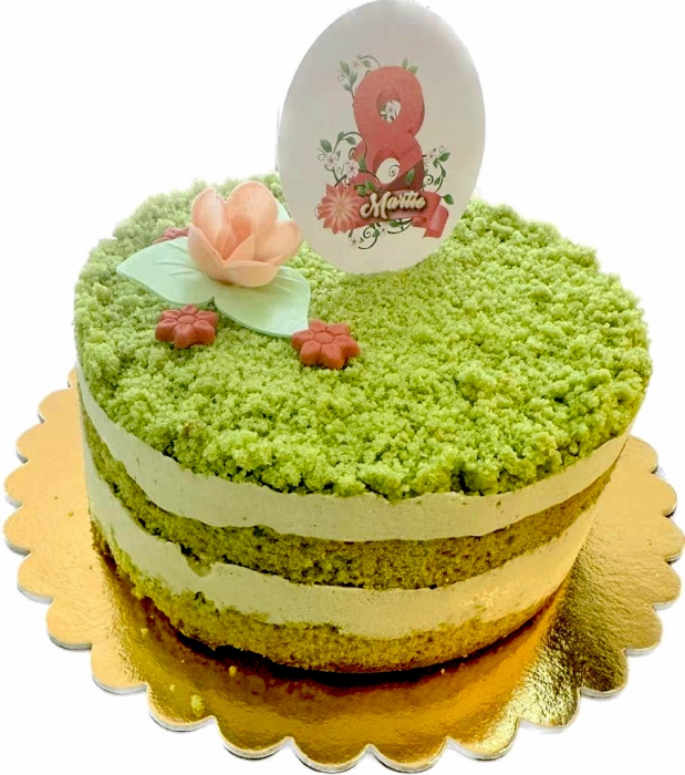 Topper de tort cu element special din carton sub forma de cerc cu 8 Martie roz, cu banner cu flori [4]