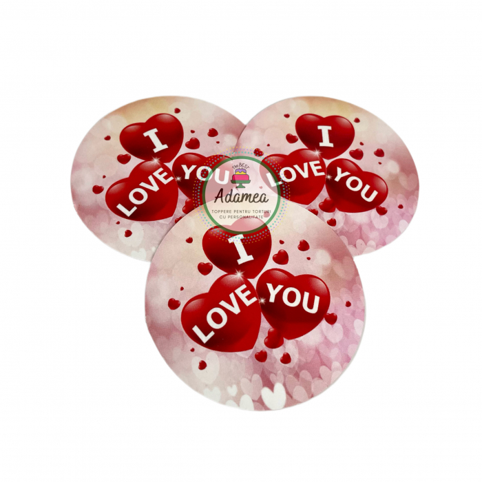 Topper de tort cu element special din carton sub forma de discheta cu I love you pe baloane inimioara [2]