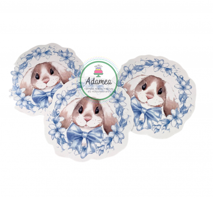Topper de tort cu element special din carton sub forma de cap de iepure si flori bleu [2]