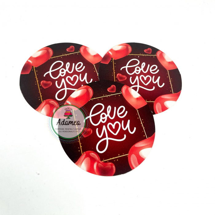 Topper de tort cu element special din carton sub forma de discheta cu Love you si inimioare [2]