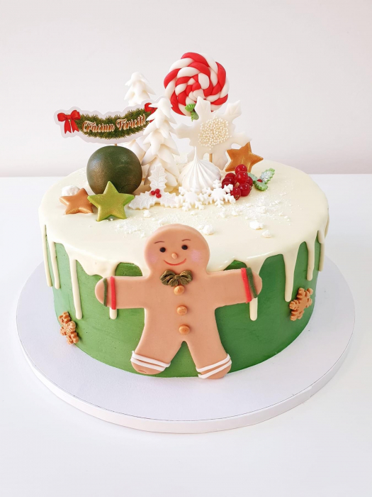 Topper tort cu stegulet cu ornament din brad cu fundite si Craciun Fericit [2]