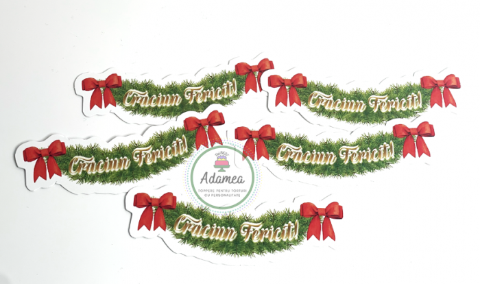 Topper tort cu stegulet cu ornament din brad cu fundite si Craciun Fericit [3]