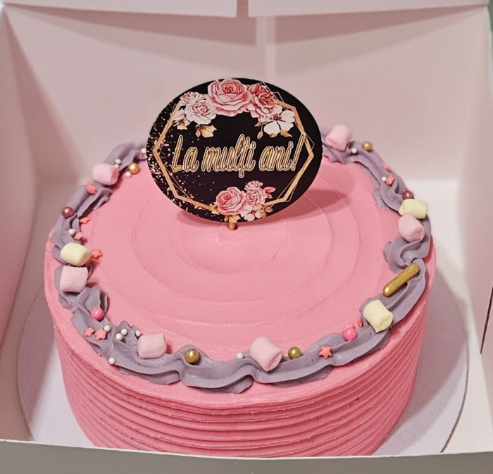 Topper de tort cu cerculet negru din carton cu la multi ani si flori roz [2]