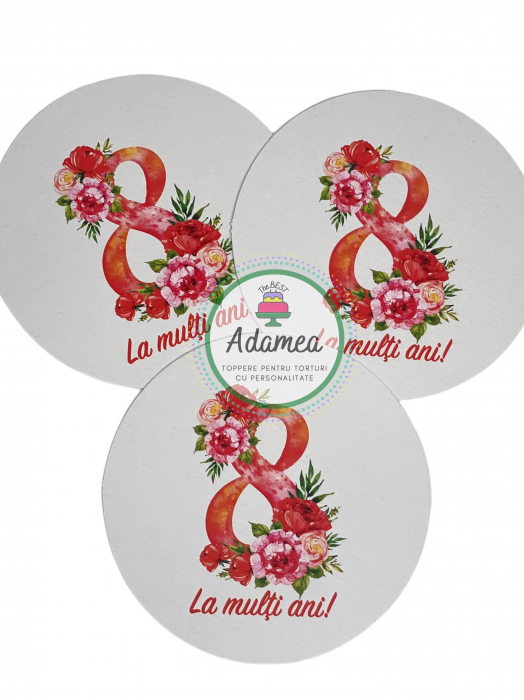 Topper de tort cu element special din carton sub forma de cerc cu 8 martie cu flori [2]