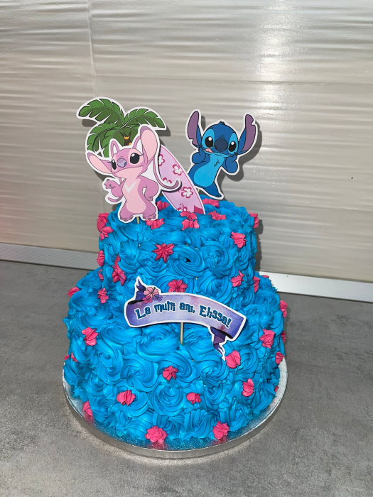 Topper de tort personalizat cu element special din carton cu Angel, Stitch, palmier si inimi [2]